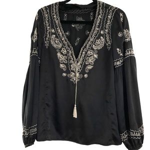 NANETTE LEPORE EMBROIDERED BLOUSON LONG SLEEVE 100% SILK BLACK BOHO BLOUSE SZ 6